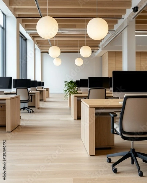 Fototapeta Acoustic ceiling sound absorb. A modern, minimalistic office space featuring wooden accents, large windows, and pendant lighting, designed for productivity and collaboration.