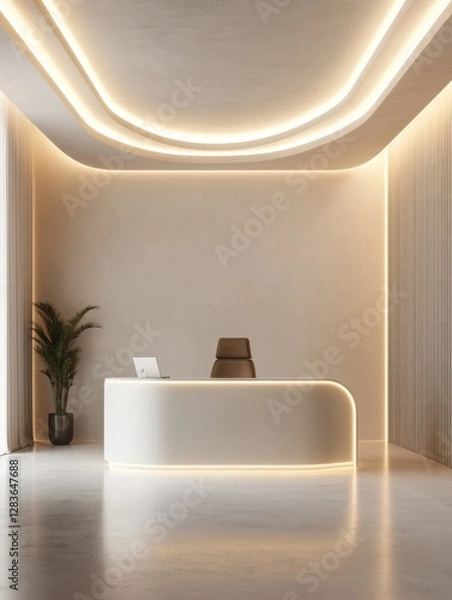Fototapeta Acoustic ceiling sound absorb. A sleek, modern reception area with ambient lighting, minimalist decor, and a small plant, creating a welcoming atmosphere.