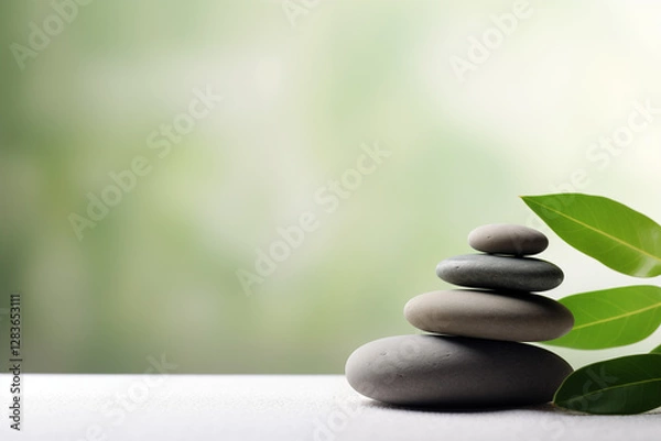 Fototapeta A tranquil and minimalist composition with smooth Zen stones stacked gracefully, accompanied by fresh green leaves