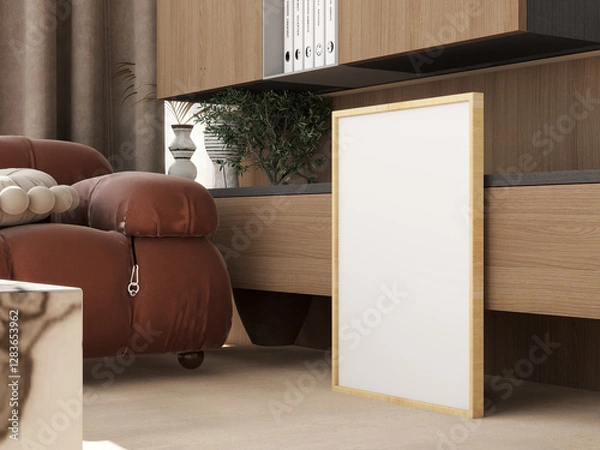 Fototapeta interior frame mockup on wood floor, vertical white poster mock-up, scene creator with sofa, 3D render