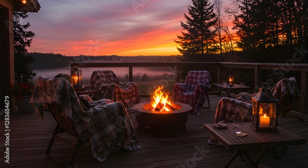 Fototapeta Warm and cozy autumn evening scene with a fire pit burning brightly, surrounded by comfortable chairs, blankets, and a lantern on a wooden patio.