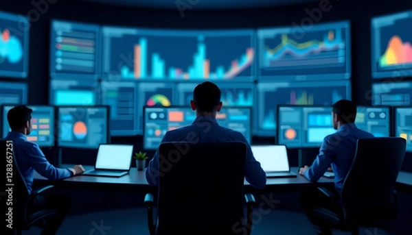 Fototapeta Three people in shirtsleeves sit in front of large monitors and look at charts. Financial department for market and securities analytics.