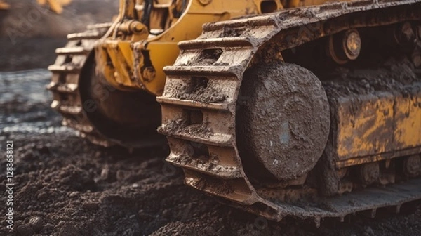 Fototapeta Close-up of Bulldozer Tracks in Muddy Construction Site