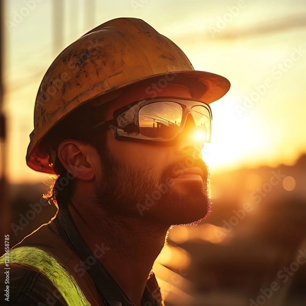 Obraz Focused Construction Worker in Portrait at Sun