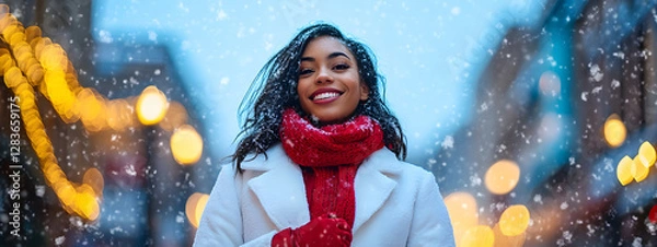 Fototapeta A beautiful woman in a white winter coat with a red scarf and gloves stands under the blue sky
