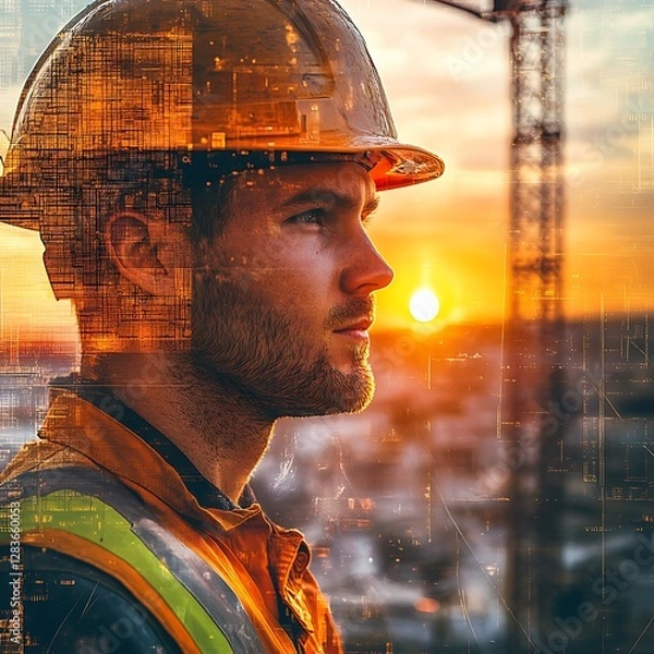Obraz Focused Construction Worker in Portrait at Sun