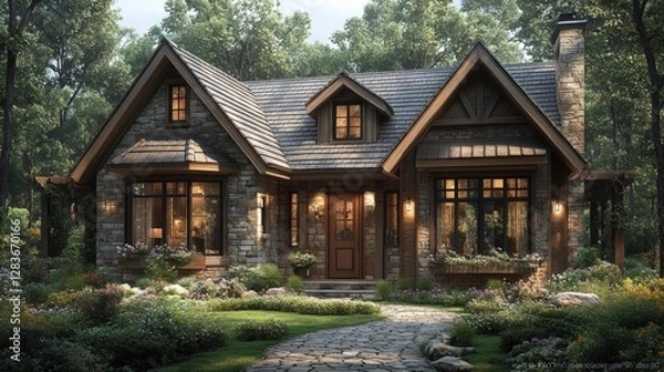 Fototapeta Rustic Stone Cottage House Exterior Design With Garden