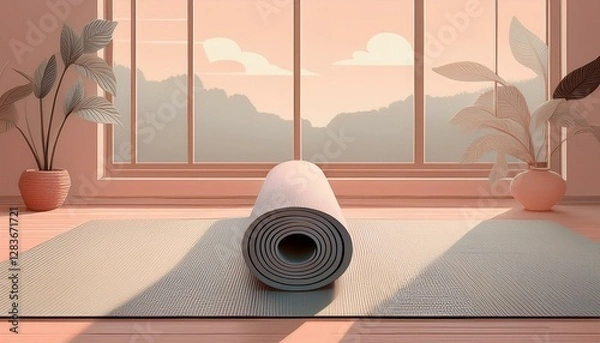 Fototapeta Yoga and Meditation background. A minimalist background with a yoga mat on the floor in soft pastel colors