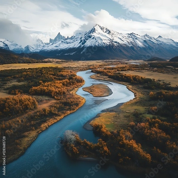 Fototapeta Tranquil River Flowing Towards Majestic Snow-Covered Peak Aerial View
