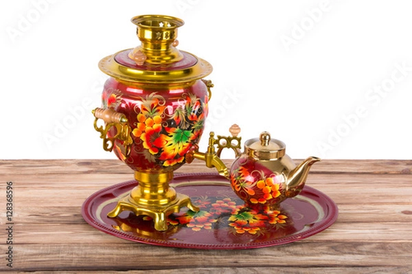 Obraz Traditional Russian samovar and a teapot on a tray on white background