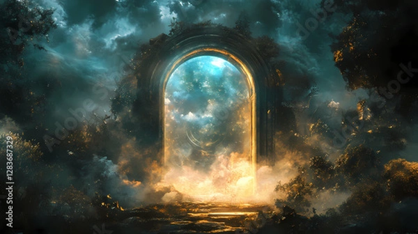 Fototapeta Mysterious doorway to a forgotten world of dreams and secrets. Portal to Forgotten Worlds. Illustration
