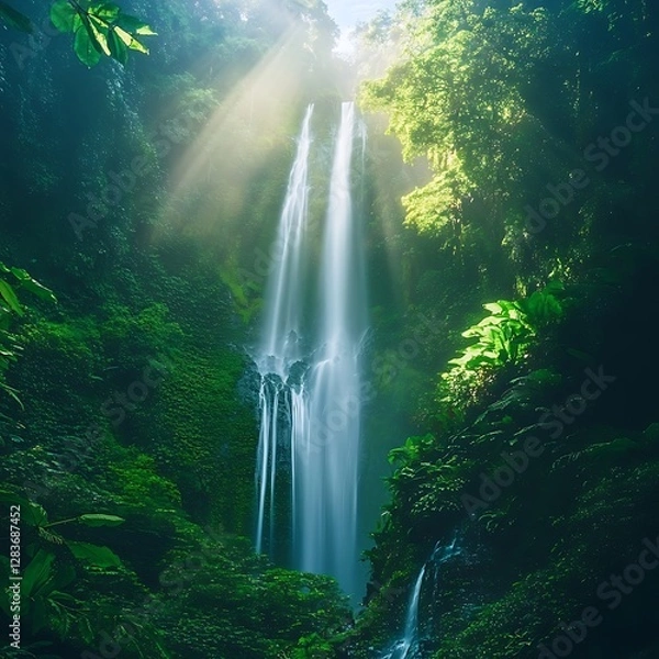 Fototapeta Serene Waterfall Cascading Through Lush Rainforest
