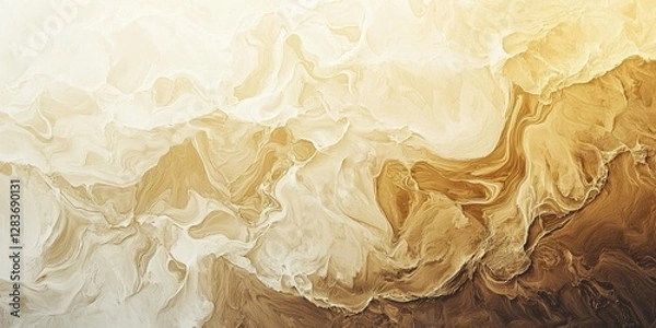 Fototapeta Abstract beige and white fluid painting background with golden highlights, showcasing intricate patterns of swirling liquid colors