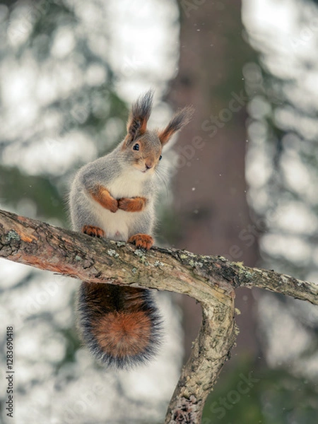 Obraz Squirrel sitting on a tree branch in a winter forest and looking at the camera