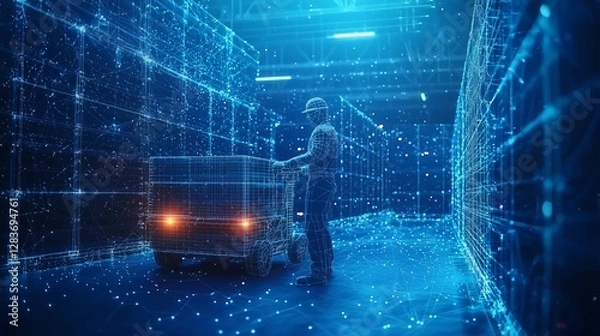 Fototapeta High-tech warehouse logistics scene with a worker moving a pallet truck and glowing UI tracking system, featuring low poly wireframe details.