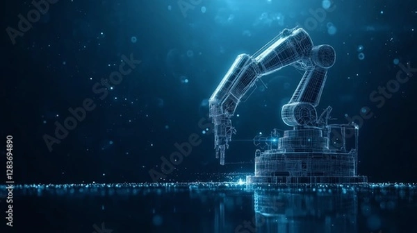 Fototapeta Industry 4.0 double exposure concept showcasing 3D printing, automation, robotic arm, and autonomous industrial technology with futuristic low poly wireframe design.