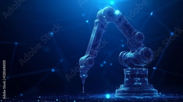 Fototapeta Industry technology with automatic robots and mechanical arms, highlighting minimalist design and low poly wireframe with dark blue background and ample copy space for text.