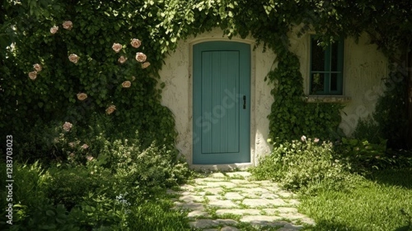 Obraz Teal Doorway in a Lush Garden with Stone Path
