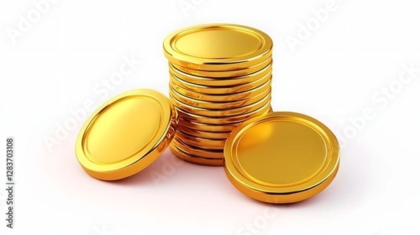 Fototapeta Stacked and Scattered Shiny Golden Coins on Plain Pastel Background in 3D