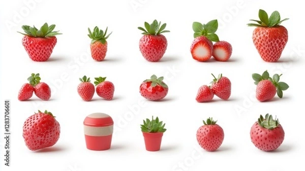 Obraz Fresh and Vibrant Strawberries with Green Foliage on White Background