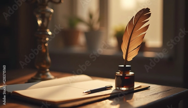 Fototapeta Quill pen and ink bottle on writing desk