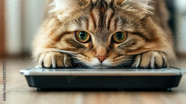 Fototapeta A playful tabby cat is seen staring intently at a digital scale, showcasing its curious nature and highlighting the bond between pets and their surroundings.