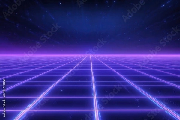 Fototapeta blue abstract tech grid pulsing with neon streaks set against a dark void radiating speed and futuristic cyberspace energy