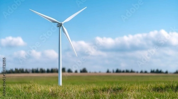 Fototapeta Isolated wind turbine in grassy field under partly cloudy sky.  Possible use Stock photo