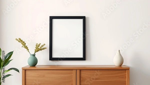 Fototapeta Modern Minimalist Decor with Empty Frame and Decorative Vases
