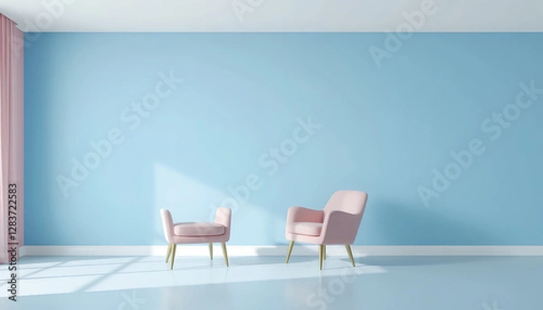 Fototapeta Cozy Living Room with Pink Chairs and Blue Wall Background