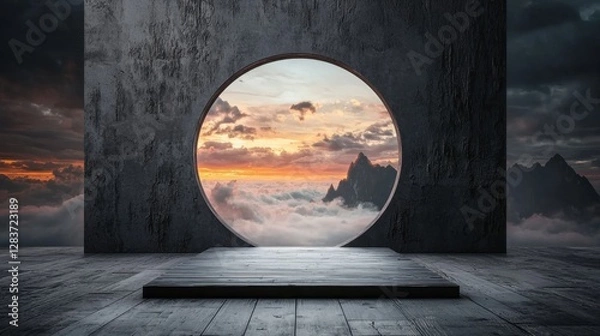 Fototapeta Ethereal Circular Opening View Surrounded by Abstract Dark Clouds and Majestic Mountains at Twilight with Serene Cloudscape Below