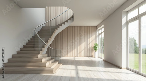 Fototapeta Interior of modern hall with staircase 3d rendering 