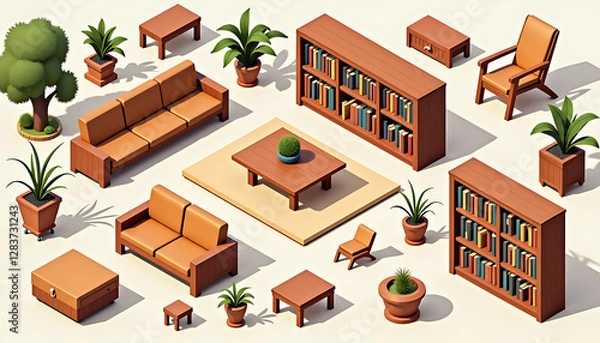 Fototapeta Isometric furniture arrangement with plants in a modern style