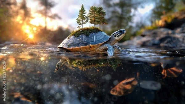 Fototapeta Turtle Island Floating Above Calm Waters, Enchanted Forest Thriving on Turtle's Back, Serenity of Nature's Harmony