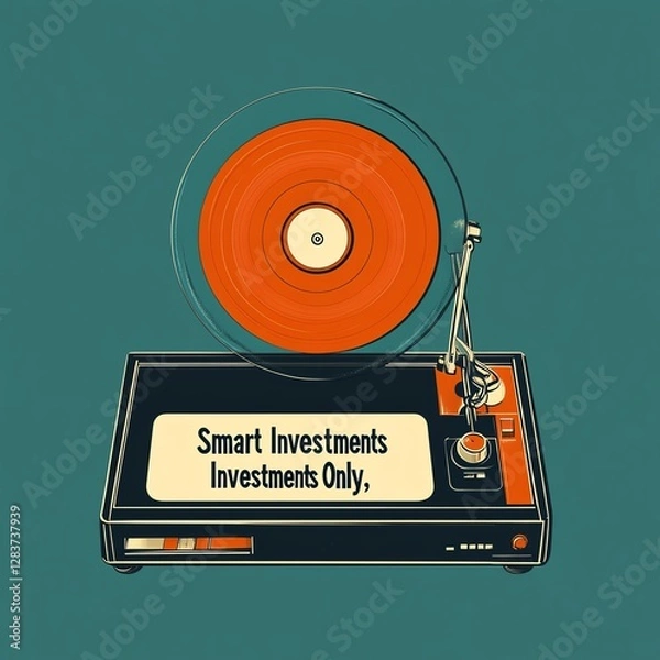 Fototapeta Vintage turntable with a bright orange record, perfect for highlighting smart investment strategies and retro vibes.