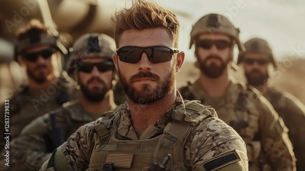 Obraz A group of military personnel stands confidently in tactical gear, portraying strength, camaraderie, and readiness for action in a challenging environment.