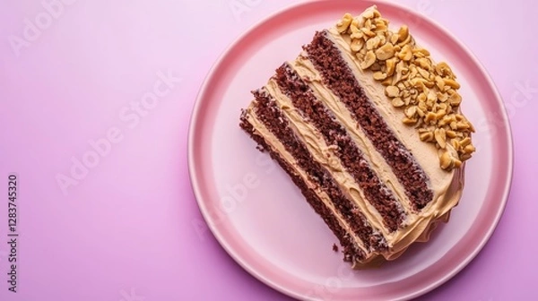 Obraz A Slice of Decadent Chocolate Cake with Creamy Filling and Peanuts