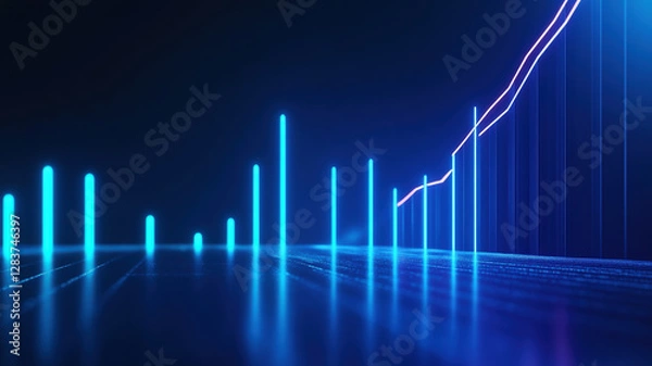 Fototapeta Futuristic glowing financial stock market chart with neon lines and bars in dark digital space
