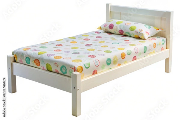 Fototapeta Cozy Haven: A comfortable bed, meticulously crafted from wood, invites rest with its fresh and clean design. A patterned sheet and pillow.