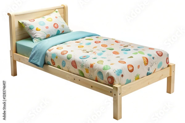 Fototapeta Cozy Bed: A inviting close-up of a wooden bed with a patterned duvet cover and pillow.