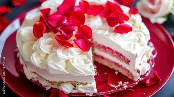 Obraz A Delicate Rose Petal Cake with Whipped Cream and Layers of Delight