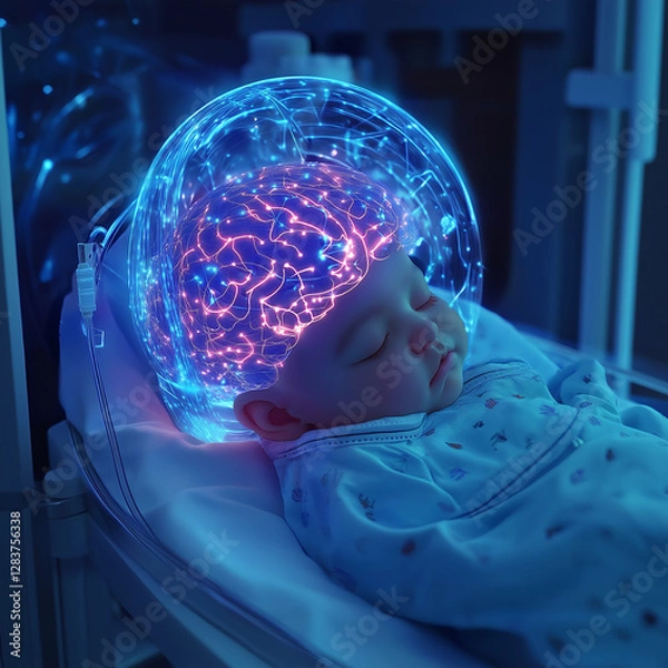 Fototapeta high-tech human brain scan with glowing neuron connections and AI-powered cognitive analysis