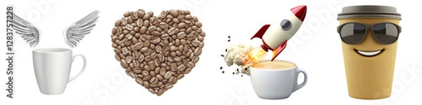 Fototapeta coffee lover and clipart concept. Creative coffee-themed collage with playful elements like wings, hearts, and a rocket. on Transparent background.