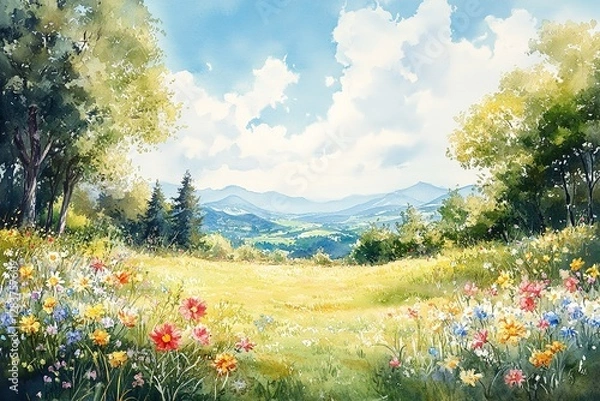 Fototapeta A watercolor depiction of a bright spring day, featuring wildflowers and trees in full bloom.