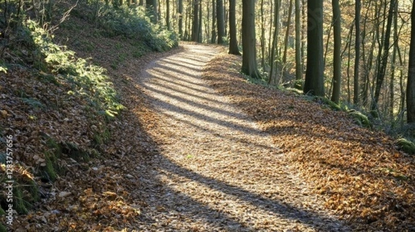 Fototapeta Golden hour autumn foliage trails meandering through wooded landscape warm sunlight filtering leaves creating enchanting shadows