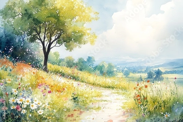 Fototapeta A watercolor depiction of a bright spring day, featuring wildflowers and trees in full bloom.
