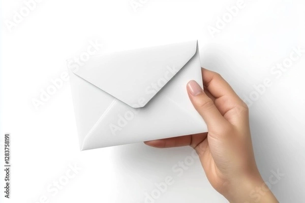 Fototapeta Hand Grasping Blank Postcard in Rotated View Over Crisp White Background