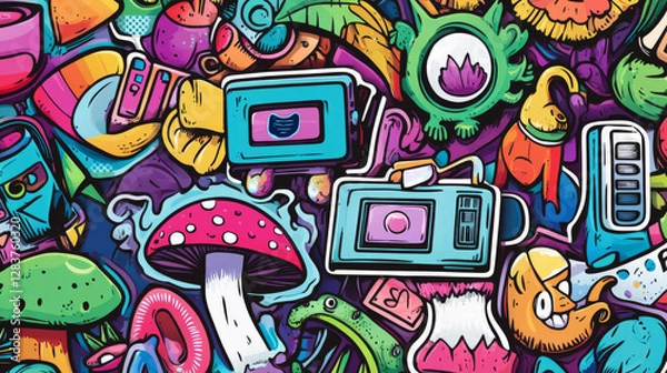 Fototapeta Psychedelic retro rave stickers with coffee man, pager and retro audio tape. Mushrooms, dinosaur, fare well Earth and cute odd creatures. Cartoon vector acid design badges set