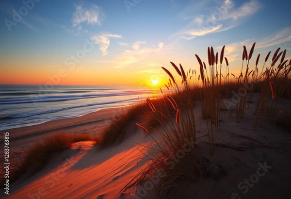 Fototapeta Sunset at the beach with colors and dunes