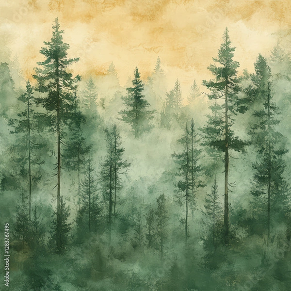Obraz Grunge background with forest and mountains. Watercolor painting.